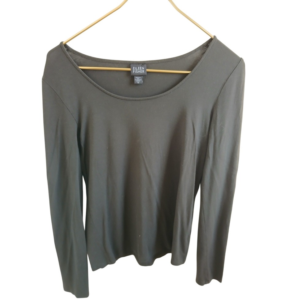 Eileen Fisher Long Sleeve Scoop Neck Top Olive Green Rayon Lycra XS